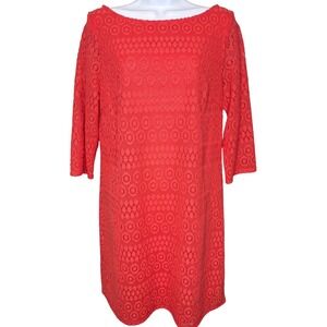 Jessica Howard Womens Coral Red Lace Boat Neck Sheath Dress Sz 12 Girly Preppy
